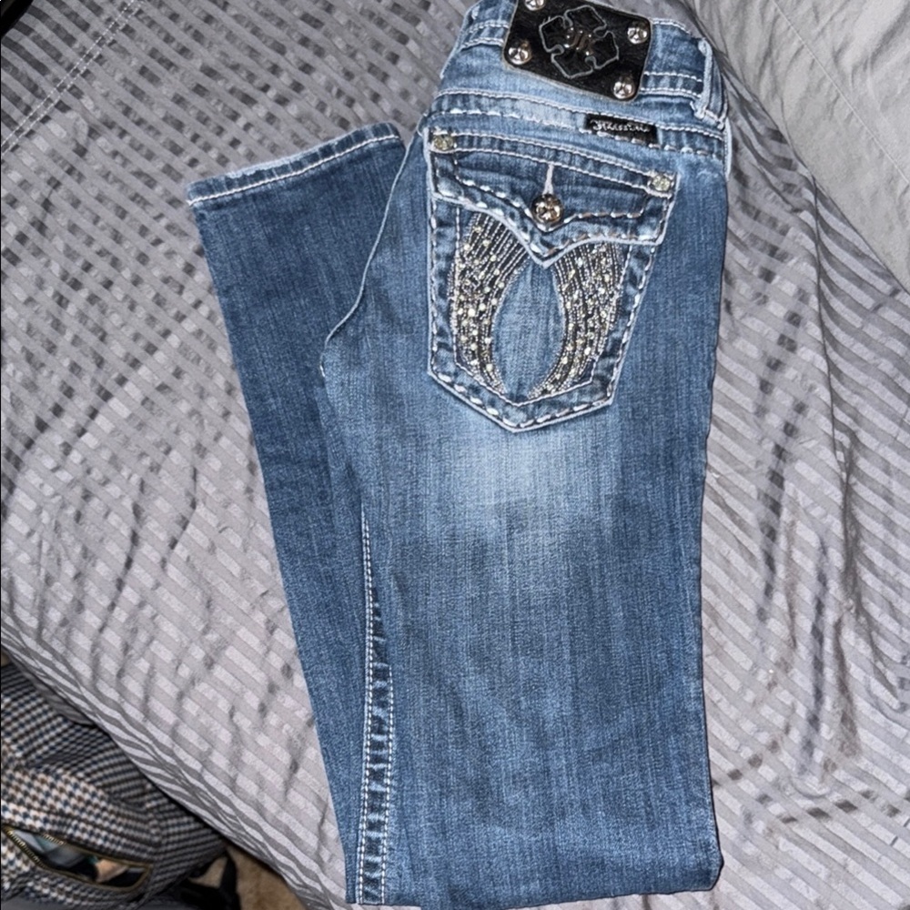 Miss Me Blue Boot Cut Jeans with Distressed Details